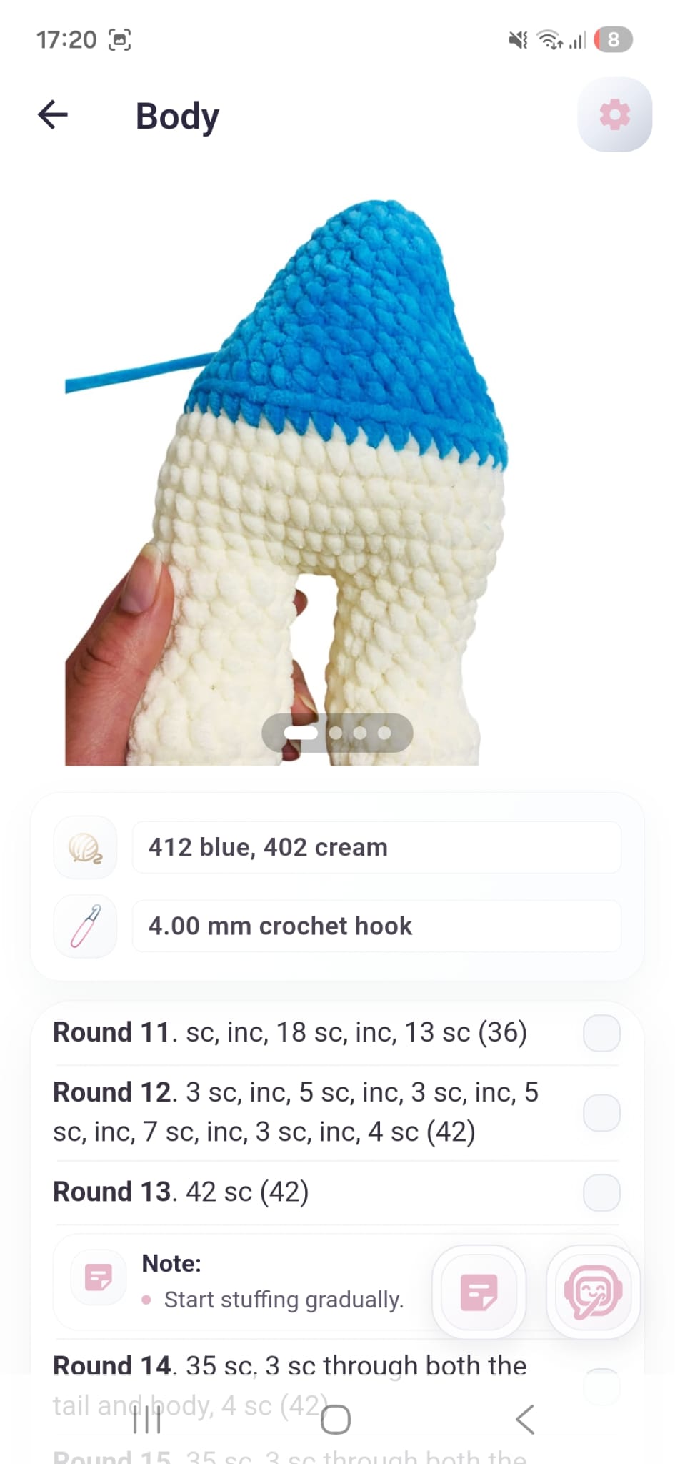 DuyraCraft round detail screen with materials, image and crochet rows